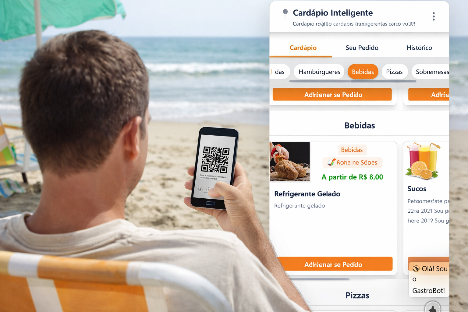 Cliente usando celular na praia