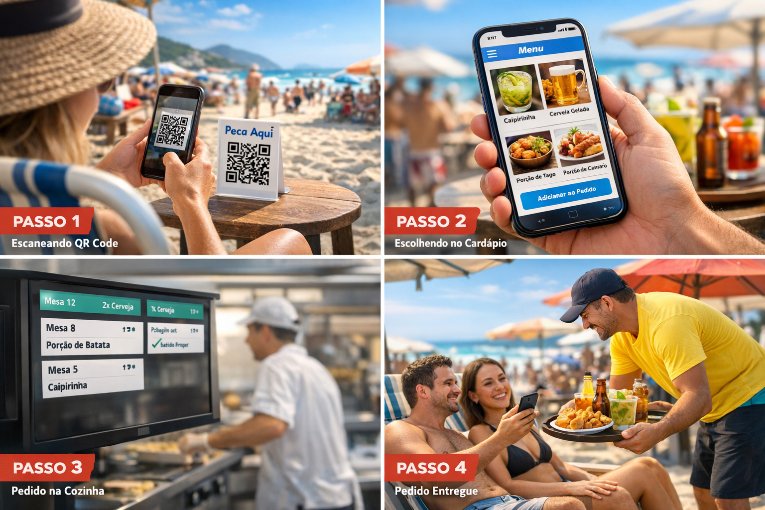 Fluxo de pedido por QR Code na praia